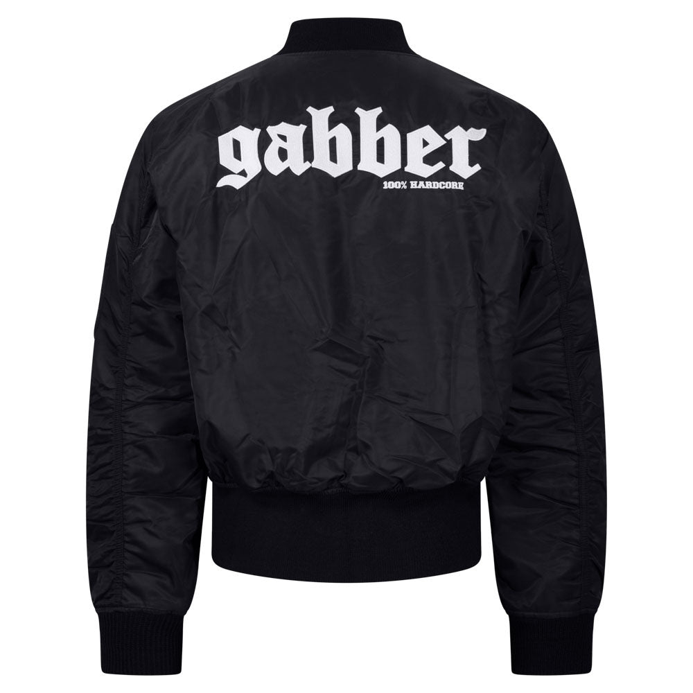 Bomber Jacket 100% Hardcore Gabber – czarna, widok tyłu z haftem Gabber
